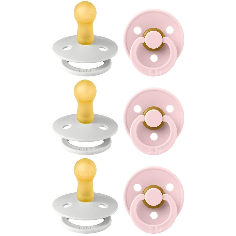 Deux BIBS sucettes : trois blanches à tétine jaune, trois roses à anneau marron.