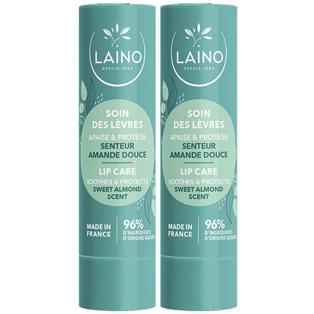 Deux sticks de soin des lèvres Laino, parfum amande douce. Fabriqué en France, 96% d'ingrédients d'origine naturelle.