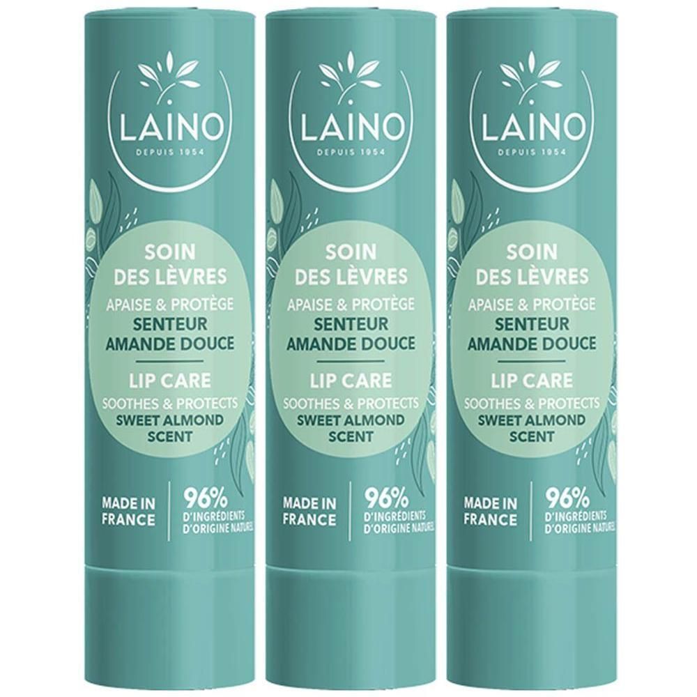 Trois sticks de soin des lèvres Laino, parfum amande douce. Fabriqué en France, 96% d'ingrédients d'origine naturelle.