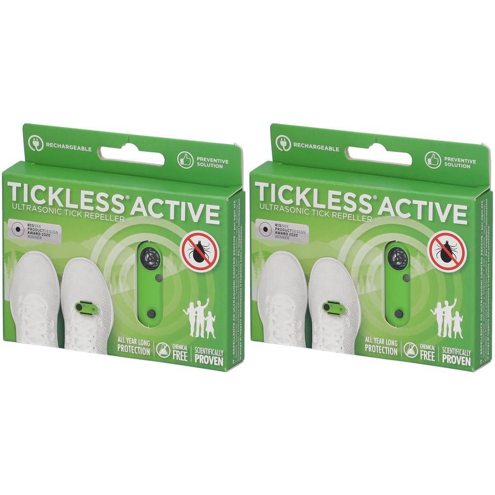 Deux paquets de répulsifs anti-tiques ultrasoniques Tickless Active. Boîtes vertes illustrant des chaussures et des appareils.