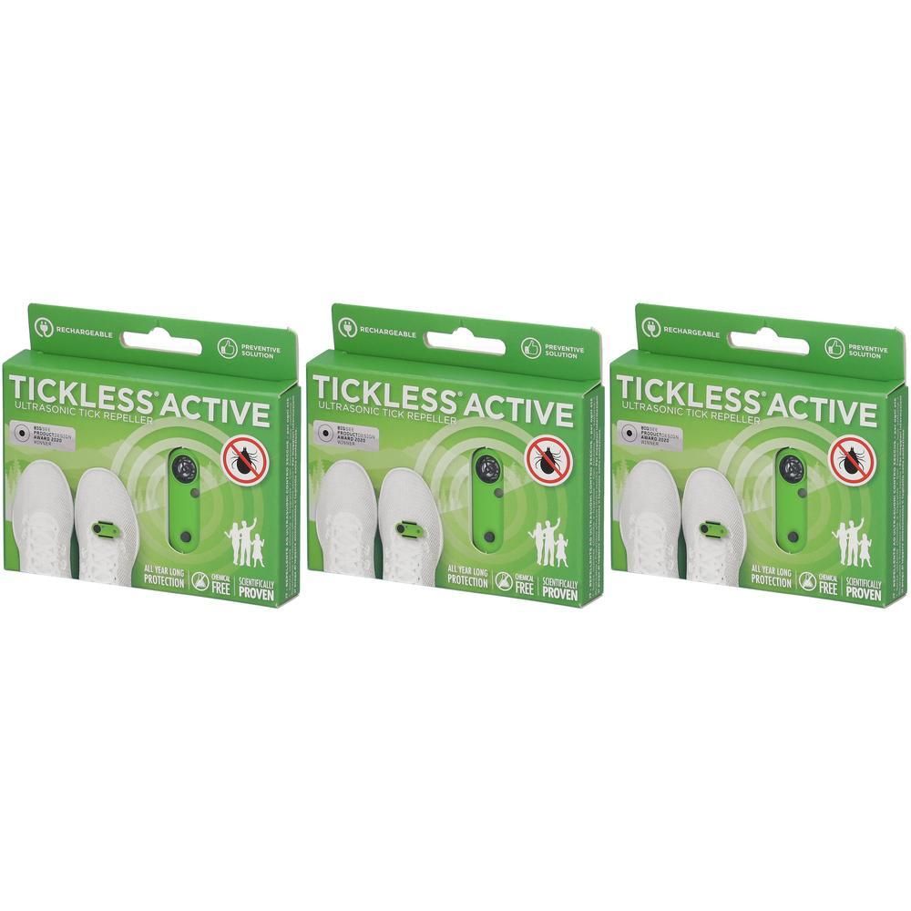 Trois emballages verts contenant des appareils à ultrasons anti-tiques. Chaque boîte montre un appareil vert et deux capuchons blancs.