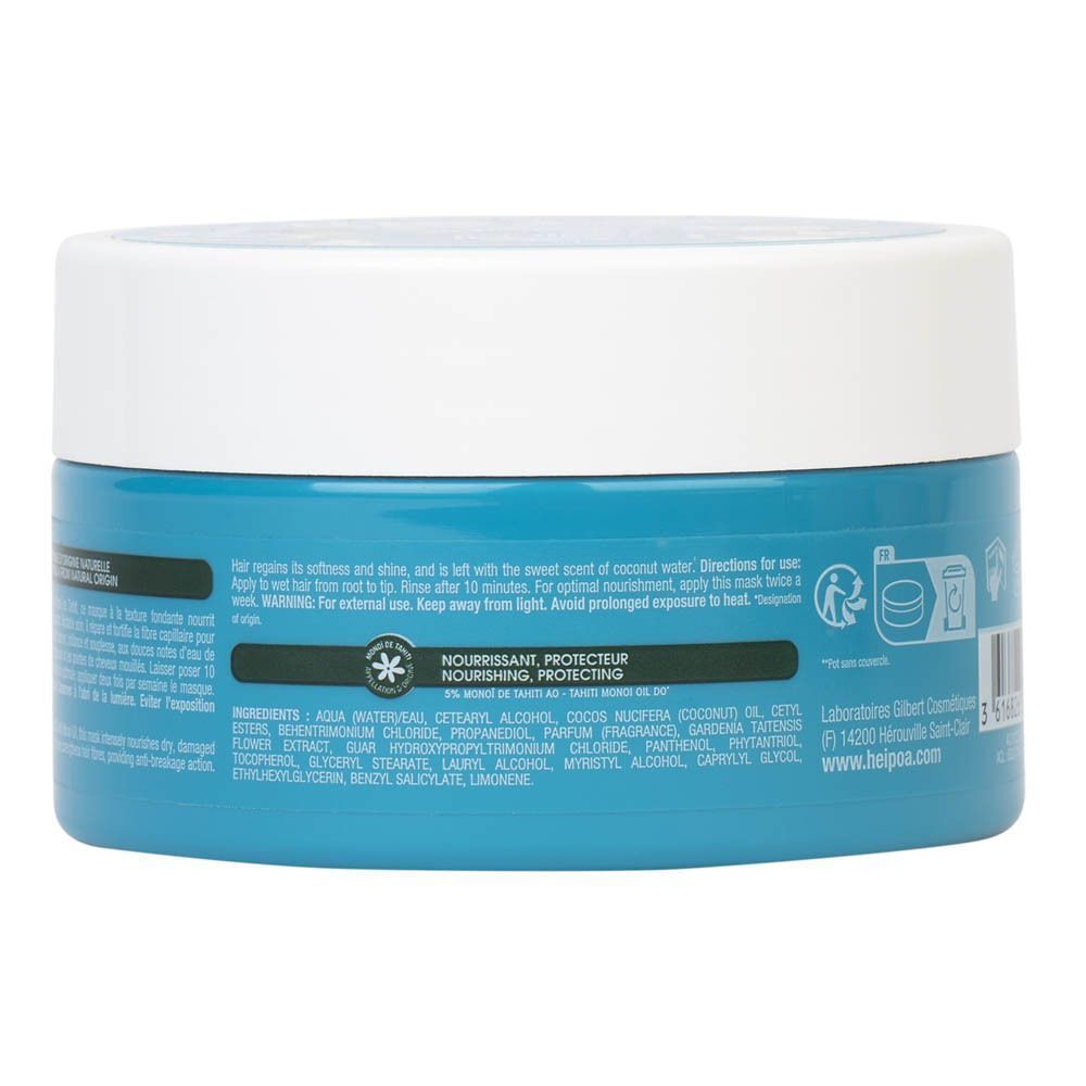 Arrière d'un pot Hei Poa® Masque Réparateur au Monoï de Tahiti AO avec ingrédients.