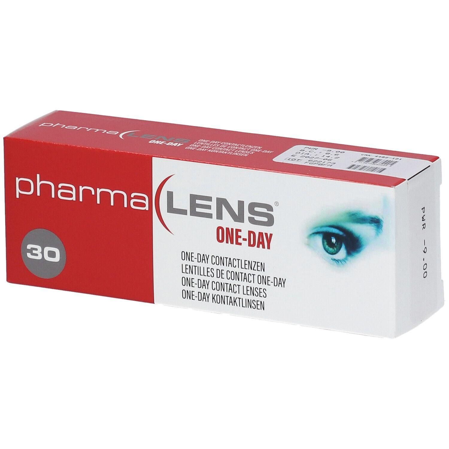 Doosje Pharma Lens One-Day contactlenzen, 30 stuks. Rood en wit design met oogafbeelding.