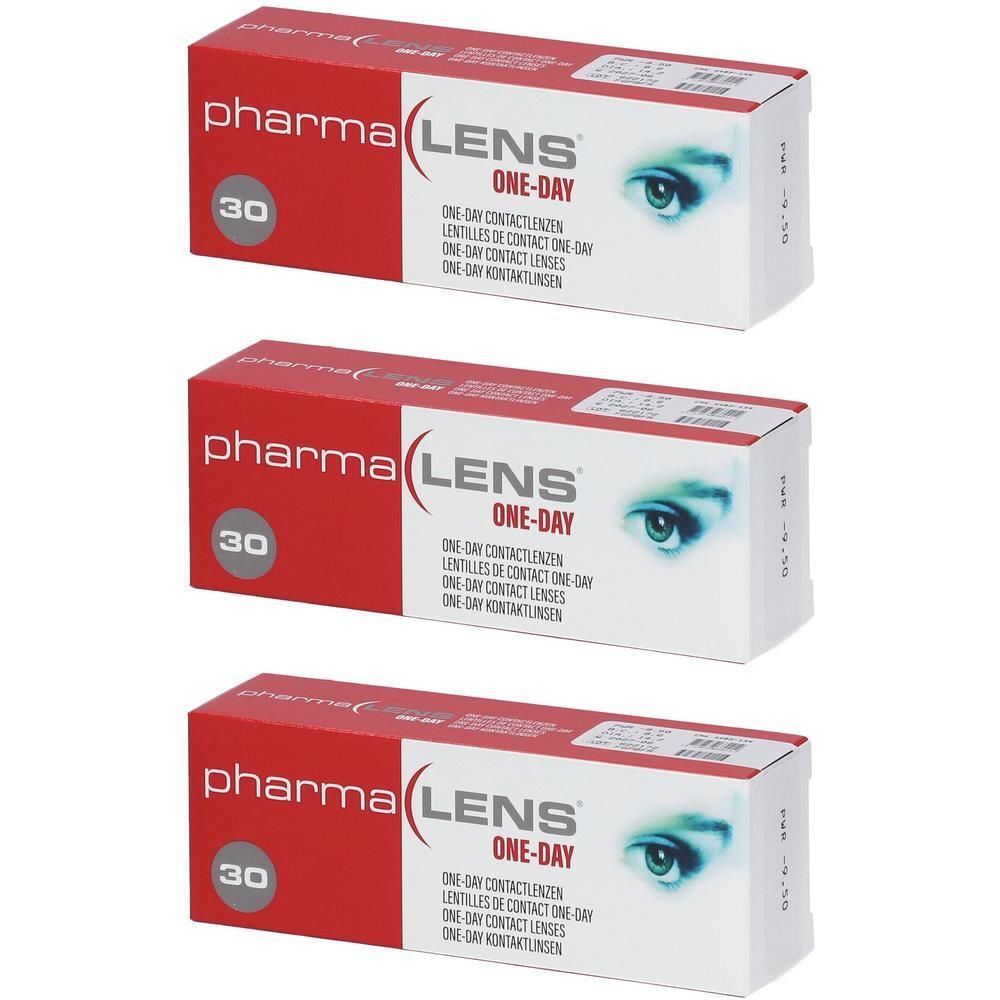 Trois boîtes de lentilles de contact PharmaLens One-Day, chacune contenant 30 lentilles.