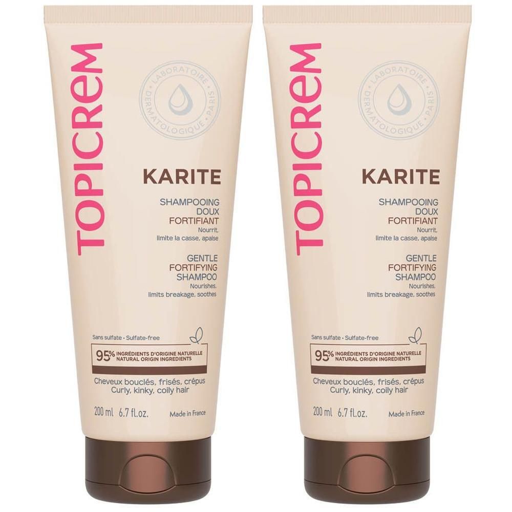 Twee flacons Topicrem Karité Shampooing doux fortifiant, 200 ml.