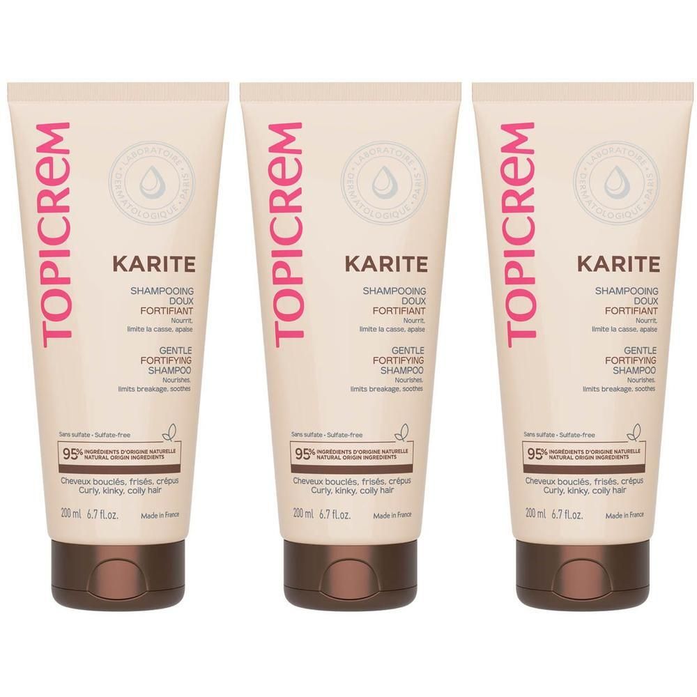 Trois flacons de shampooing Topicrem Karité. Shampooing doux fortifiant pour cheveux bouclés, frisés.