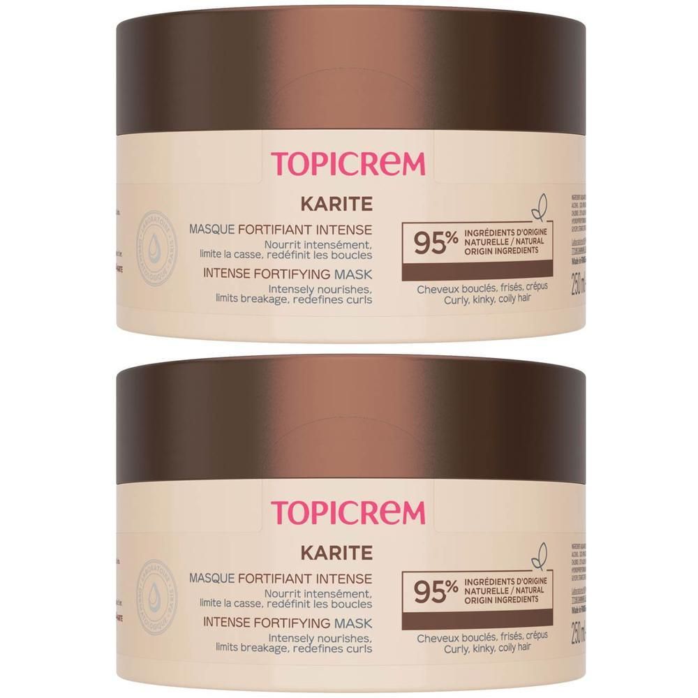 Twee potten TOPICREM Karité intens versterkend haarmasker. 95% natuurlijke ingrediënten.
