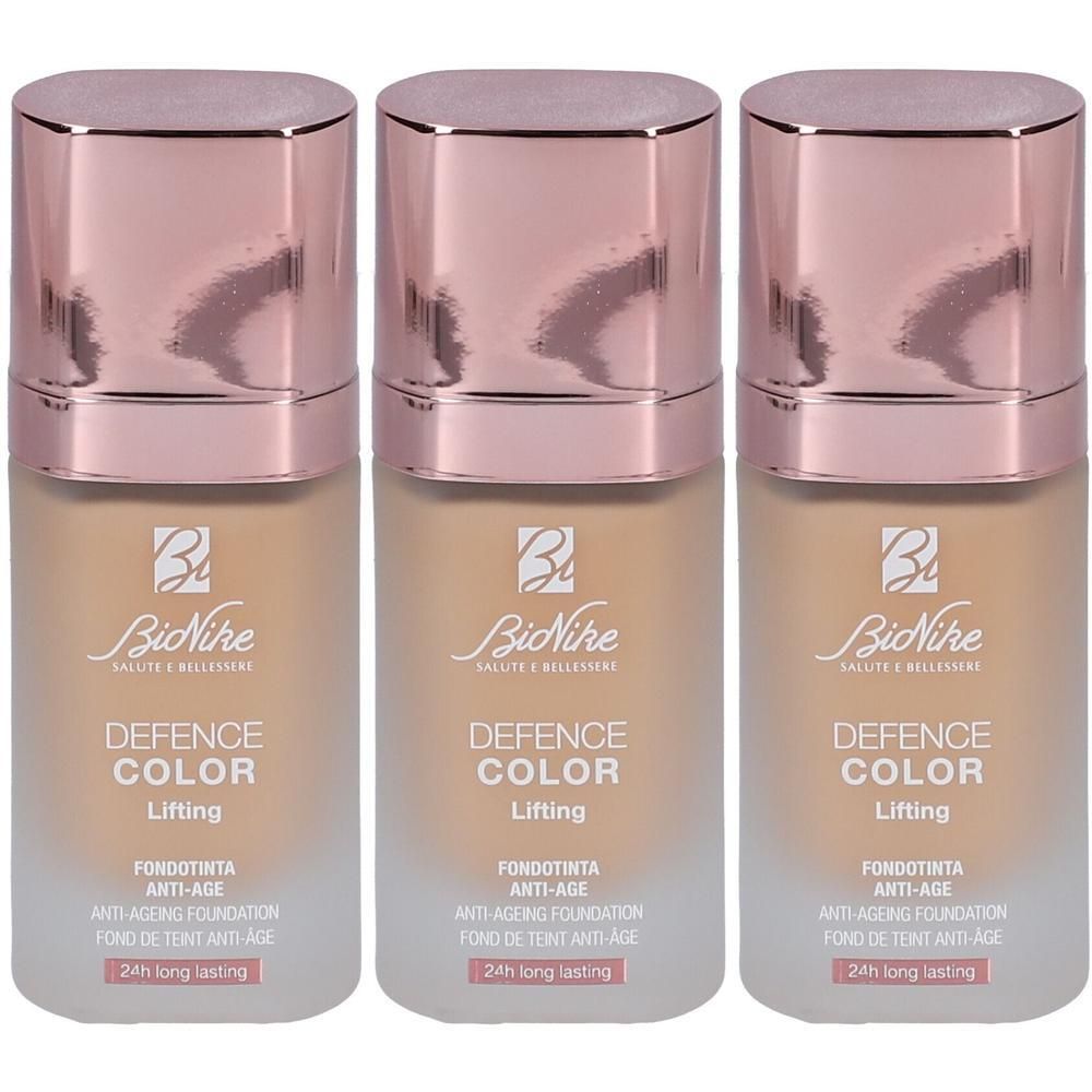 Trois fonds de teint BioNike Defence Color Lifting teinte 202 Cream. Anti-âge, tenue 24h.