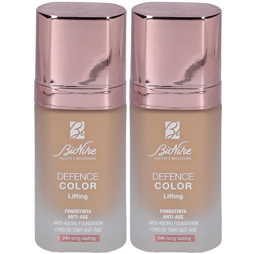 Deux fonds de teint BioNike Defence Color Lifting Beige avec bouchons rose doré.