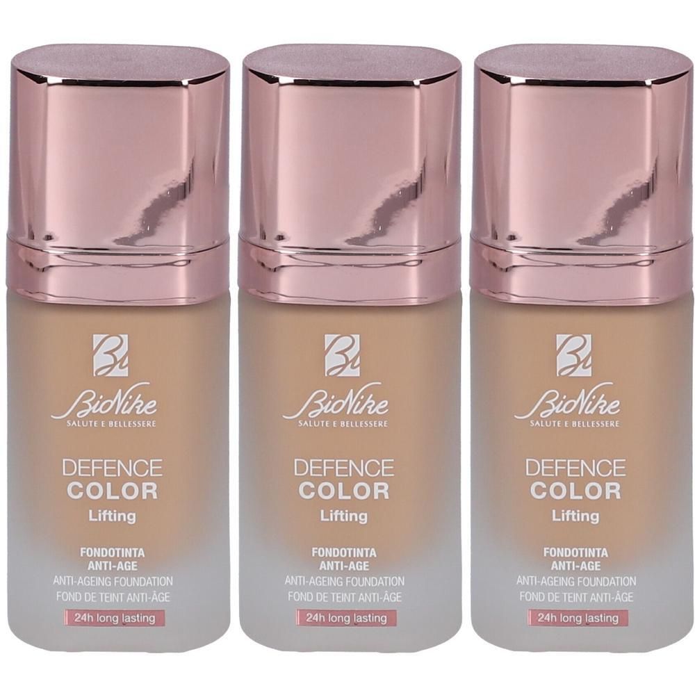 Drie flacons BioNike Defence Color Lifting Foundation Beige.