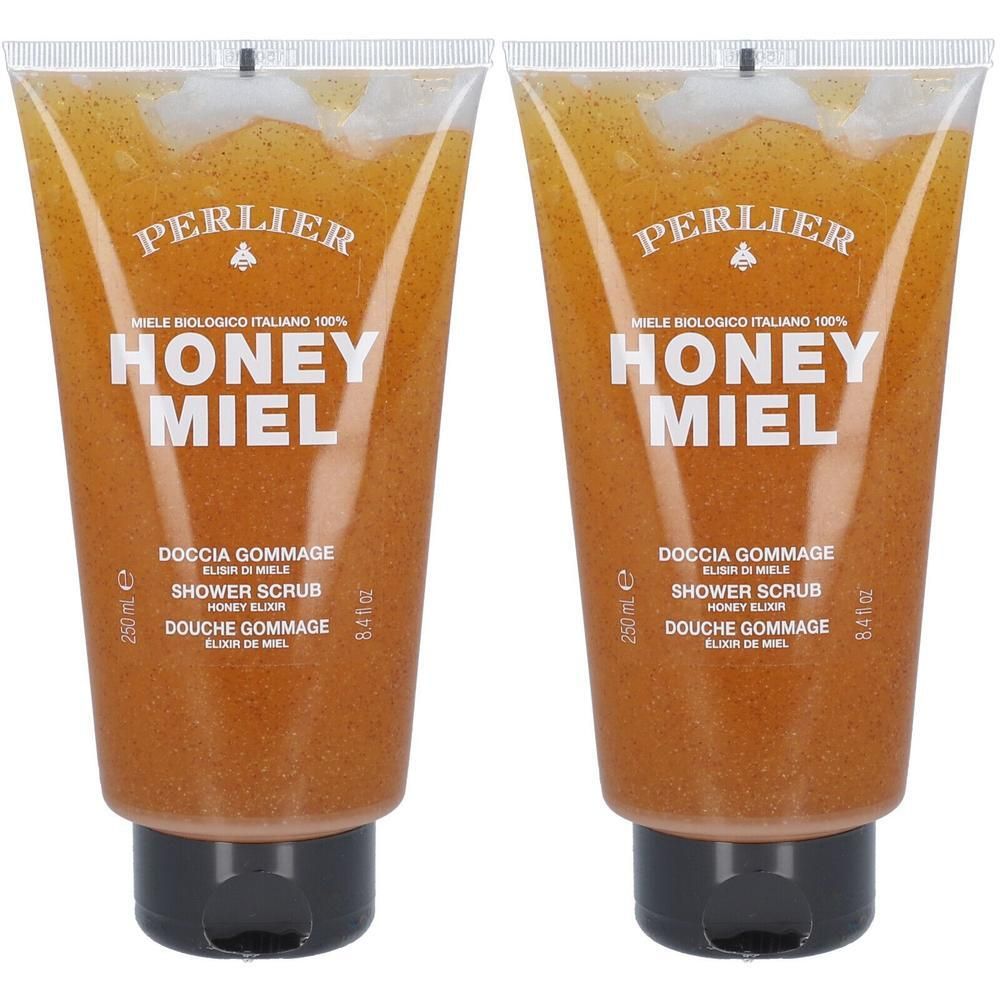 Twee tubes PERLIER Honey Miel Shower Scrub met honing elixer.