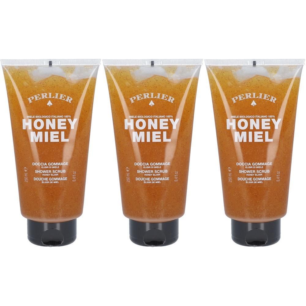 Drie tubes PERLIER douchescrub Honing Miel. Transparante verpakkingen met honingkleurige scrub.