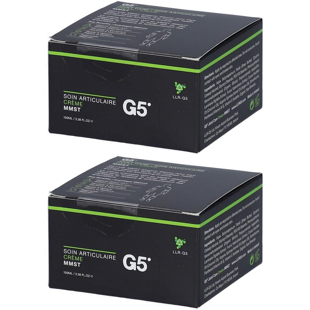 Twee dozen G5 Gewrichtscrème MMST. Zwarte verpakking met groene accenten en productinformatie.