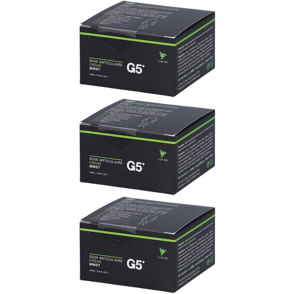 Trois boîtes de crème articulaire Bioticas G5, noires avec des accents verts.
