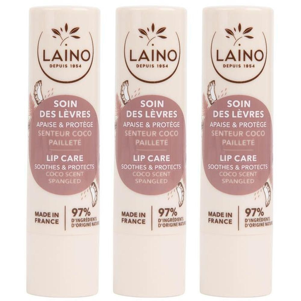 Drie Laino lippenbalsemsticks, kokosgeur, met opschrift "Soin des Lèvres".
