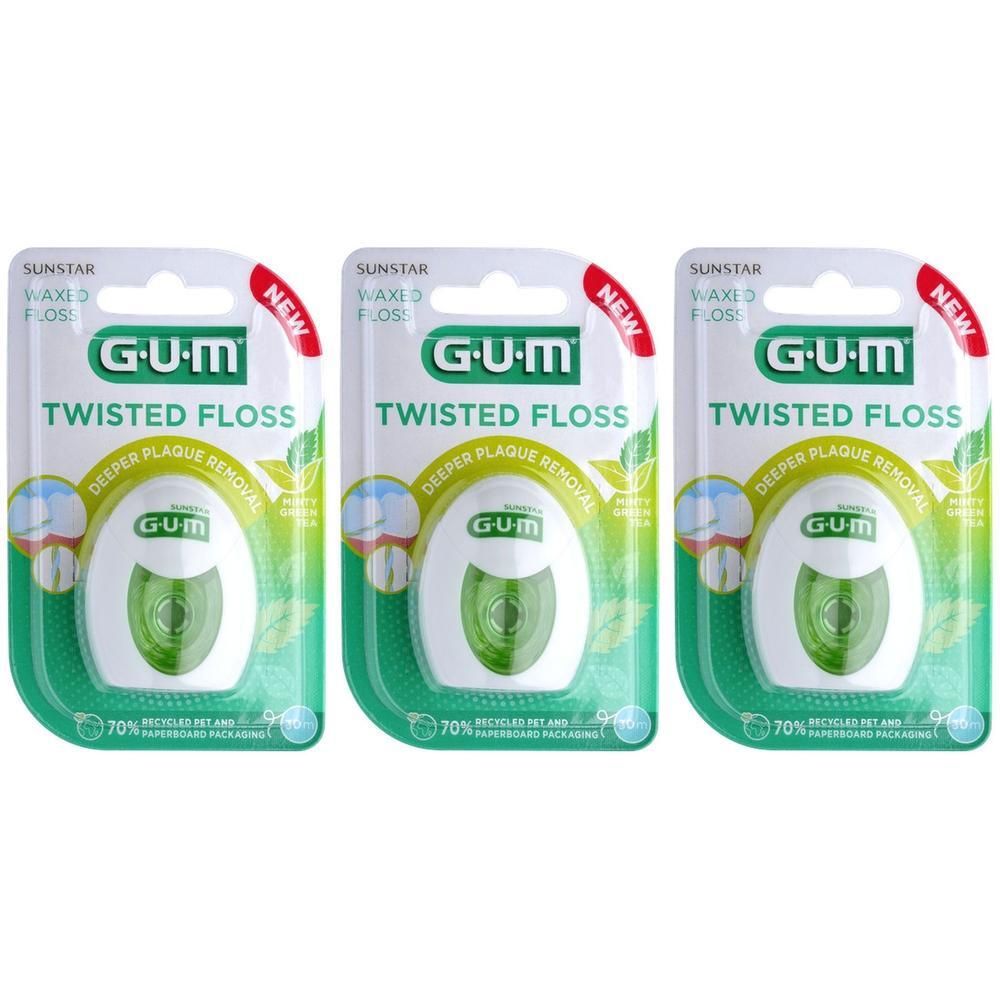 Drie pakken GUM Twisted Floss tandzijde.