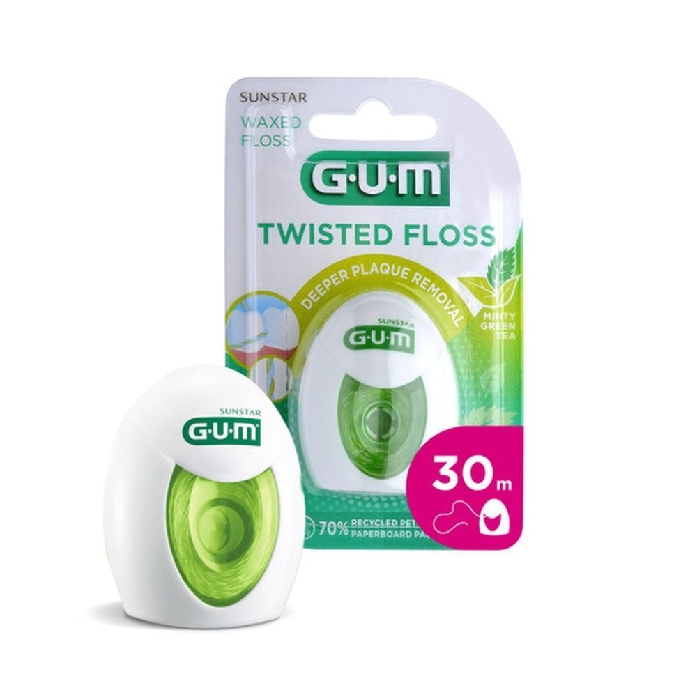 GUM Twisted Floss tandzijde dispenser en een losse spoel.