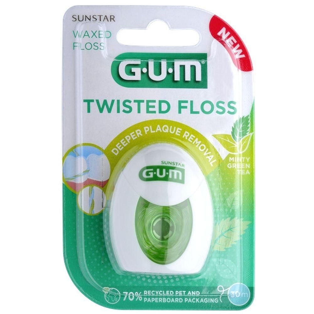 GUM Twisted Floss en emballage blister, saveur menthe thé vert.