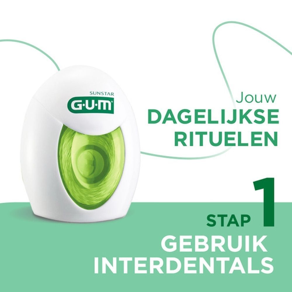 GUM Twisted Floss dispenser met groene tandzijde, "Dagelijkse Rituelen" Stap 1.