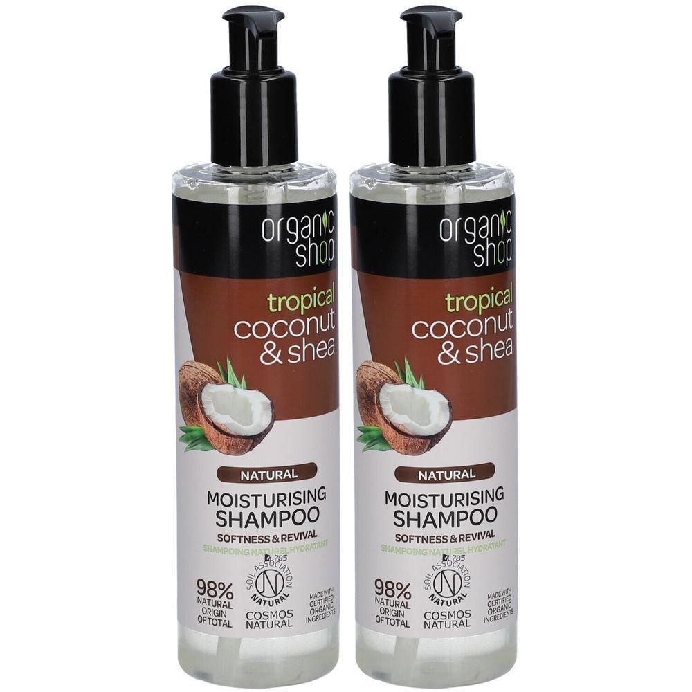 Deux bouteilles de shampooing hydratant à la noix de coco et au beurre de karité.