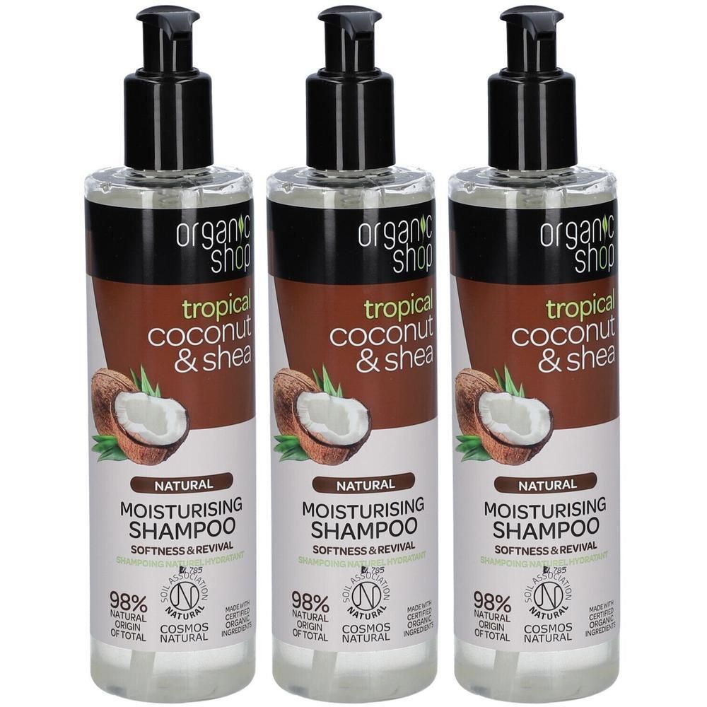 Drie flessen "Organic Shop" hydraterende kokosnoot & shea butter shampoo met pompdispenser.