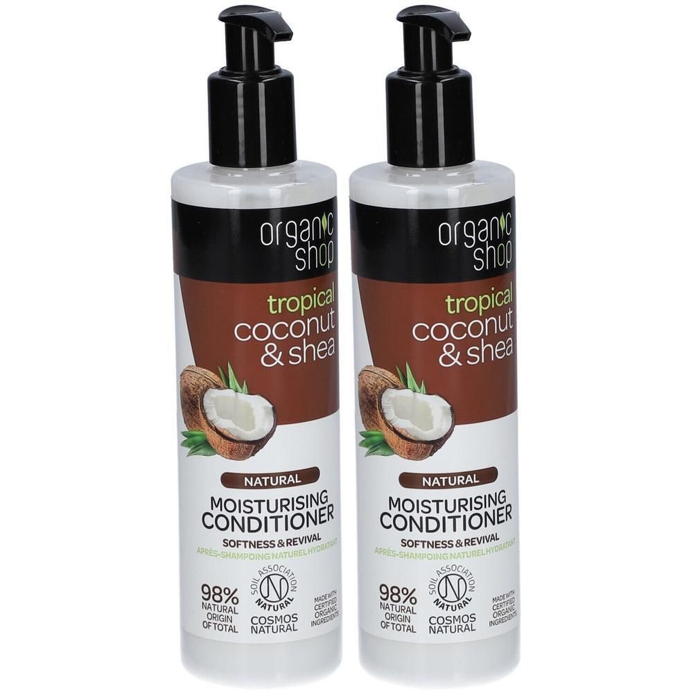 Deux bouteilles de soin hydratant "Organic Shop" à la noix de coco tropicale et au karité.
