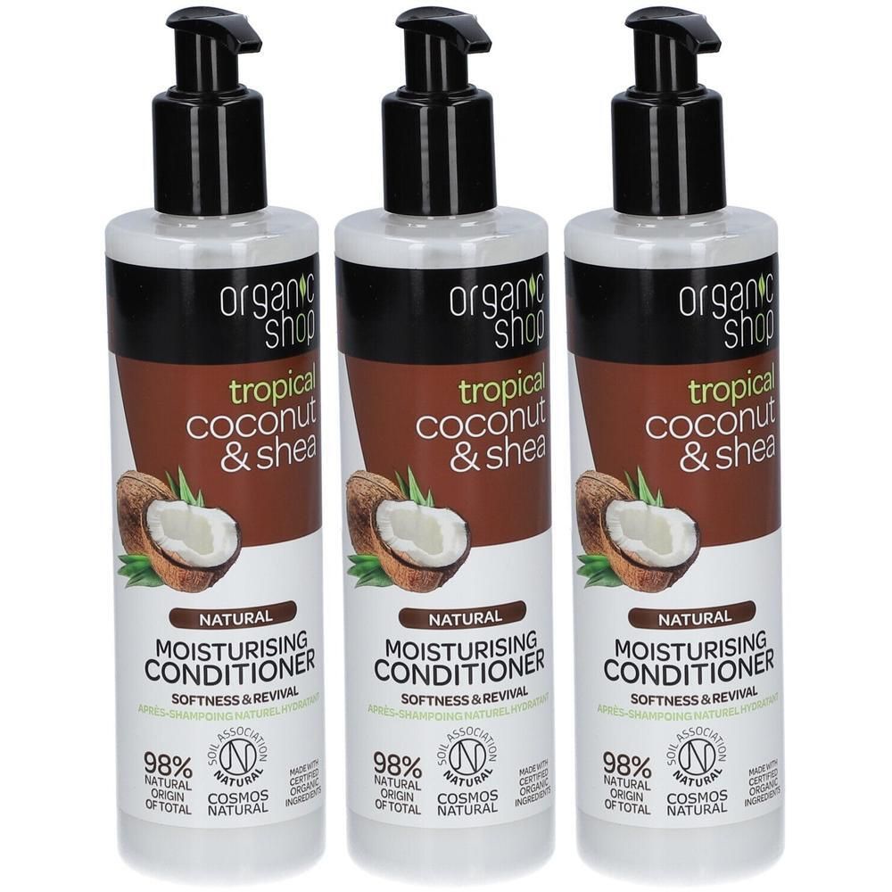 Drie flessen Organic Shop Natural Moisturising Conditioner met kokosnoot en shea.