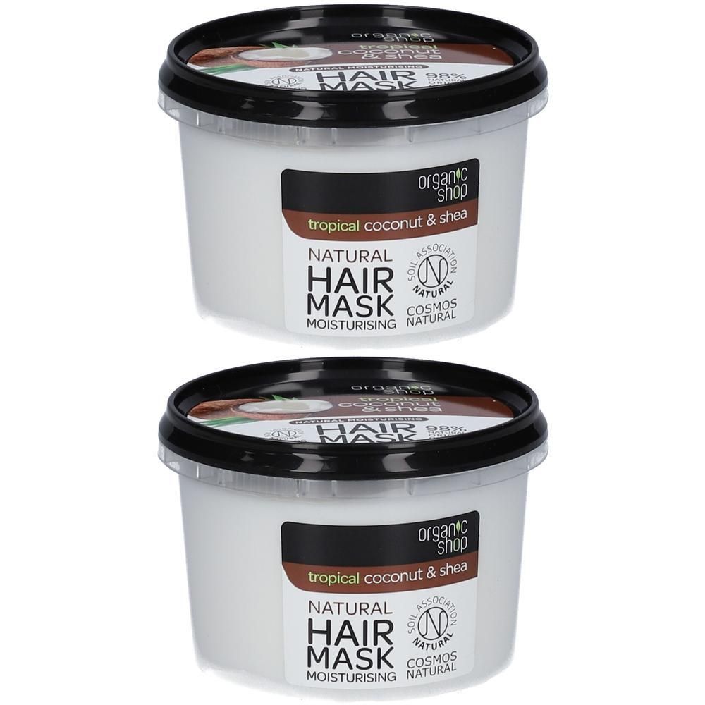 Deux pots de masque capillaire naturel, hydratant, noix de coco et beurre de karité.