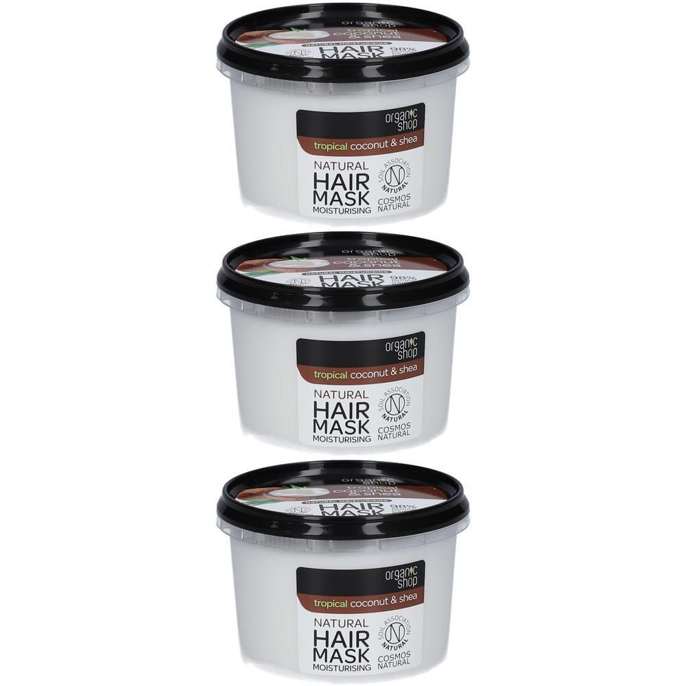 Trois pots de masque capillaire naturel, hydratant, noix de coco et karité.