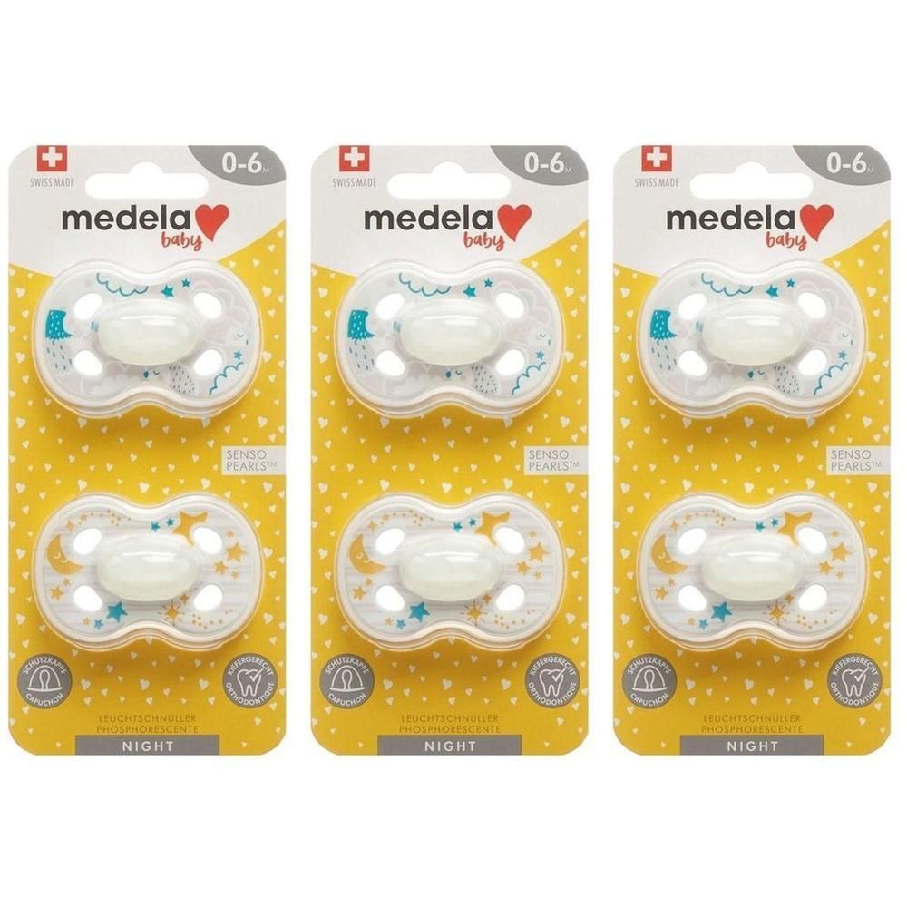 Trois sucettes Medela Baby NIGHT pour 0-6 mois, en lot de deux.