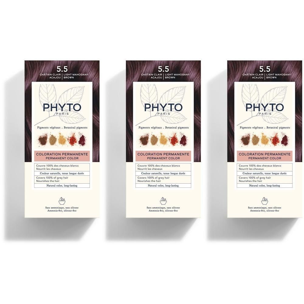 Trois boîtes de coloration permanente PHYTO 5.5 Châtain clair acajou.