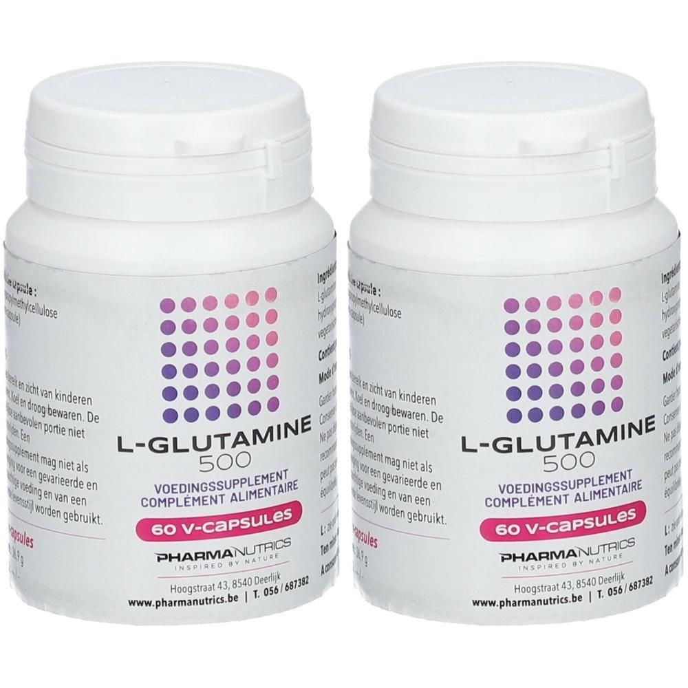 Deux contenants de L-Glutamine 500 Complément alimentaire avec 60 V-capsules par contenant.