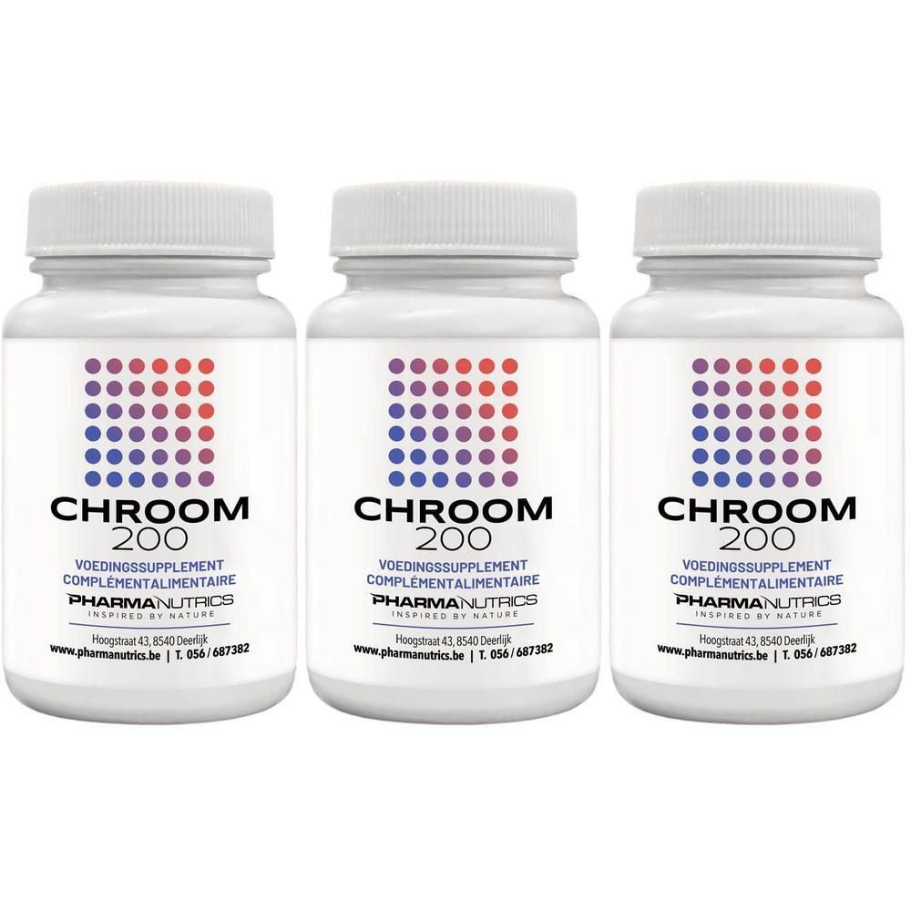 Drie witte potjes met PharmaNutrics Chrome 200 opschrift en kleurverloop-patroon.