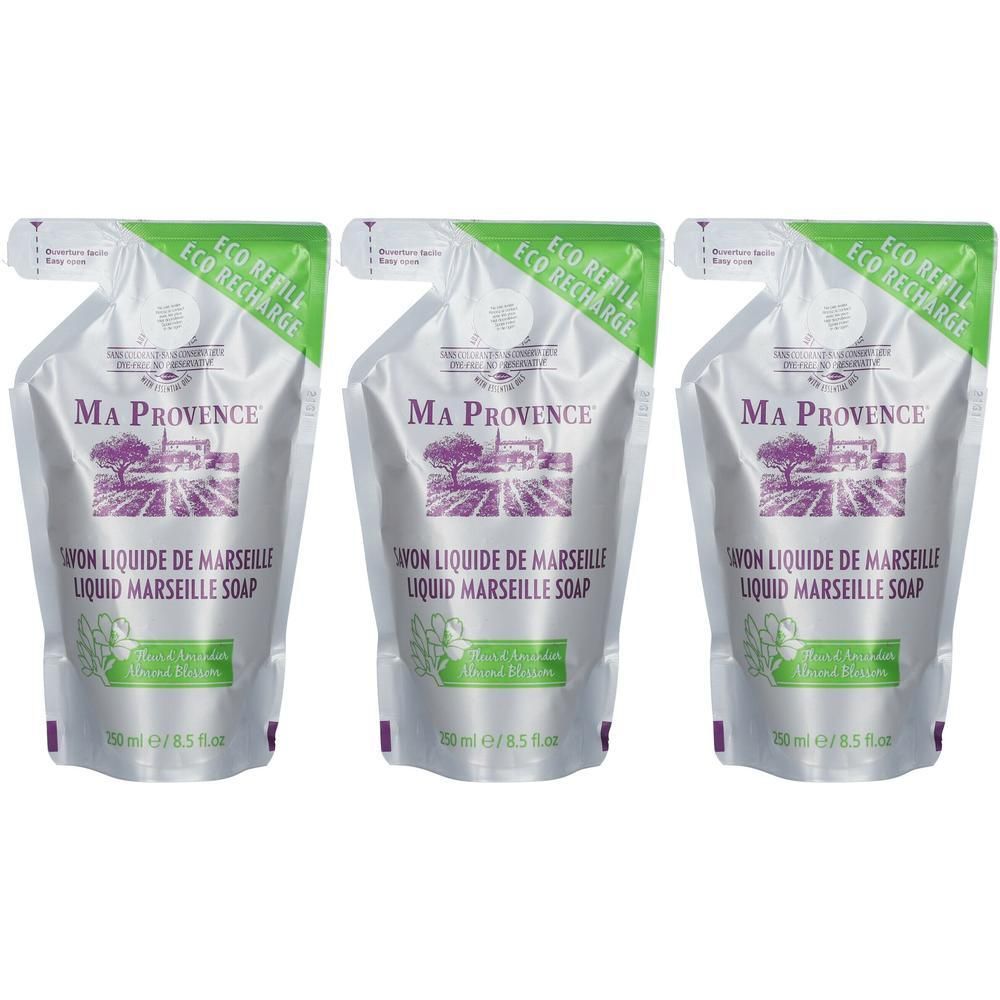 Trois éco-recharges de savon liquide de Marseille Ma Provence, parfum Fleur d'Amandier.