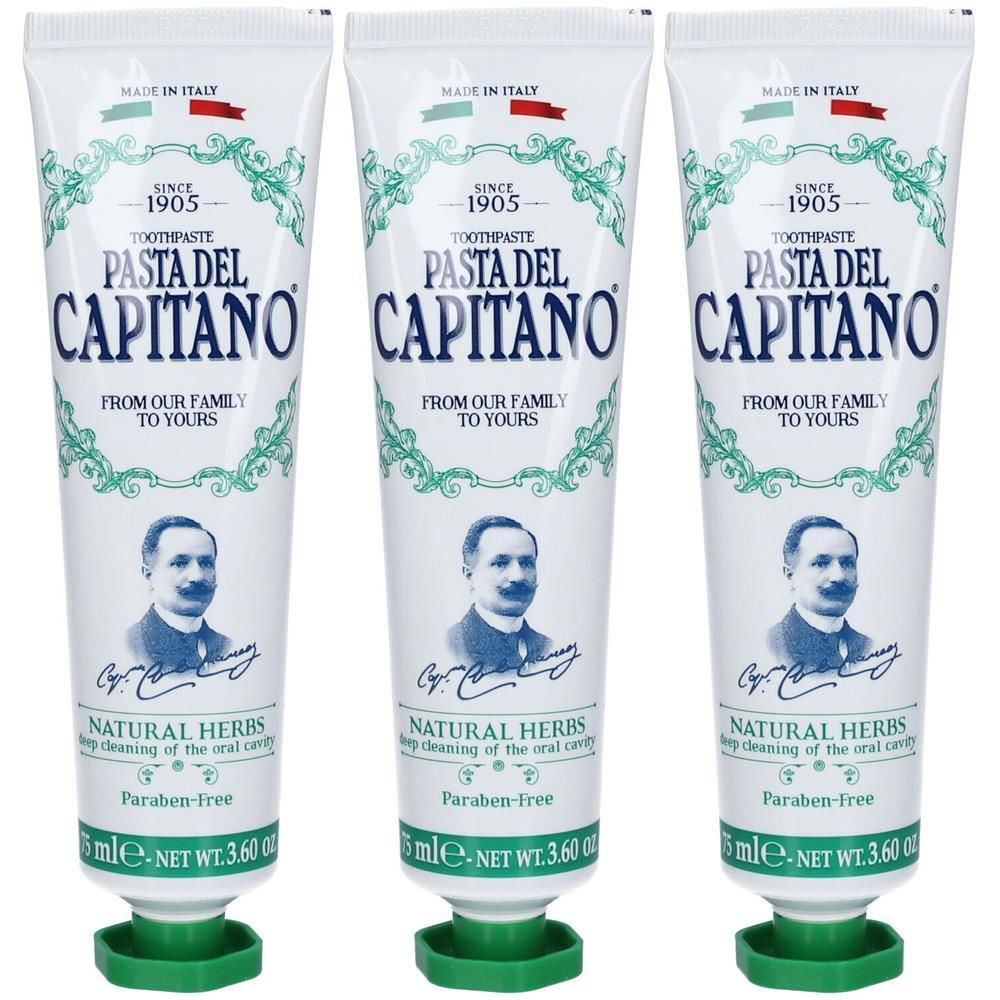 Trois tubes de dentifrice Pasta del Capitano aux herbes naturelles, mention "Sans paraben".