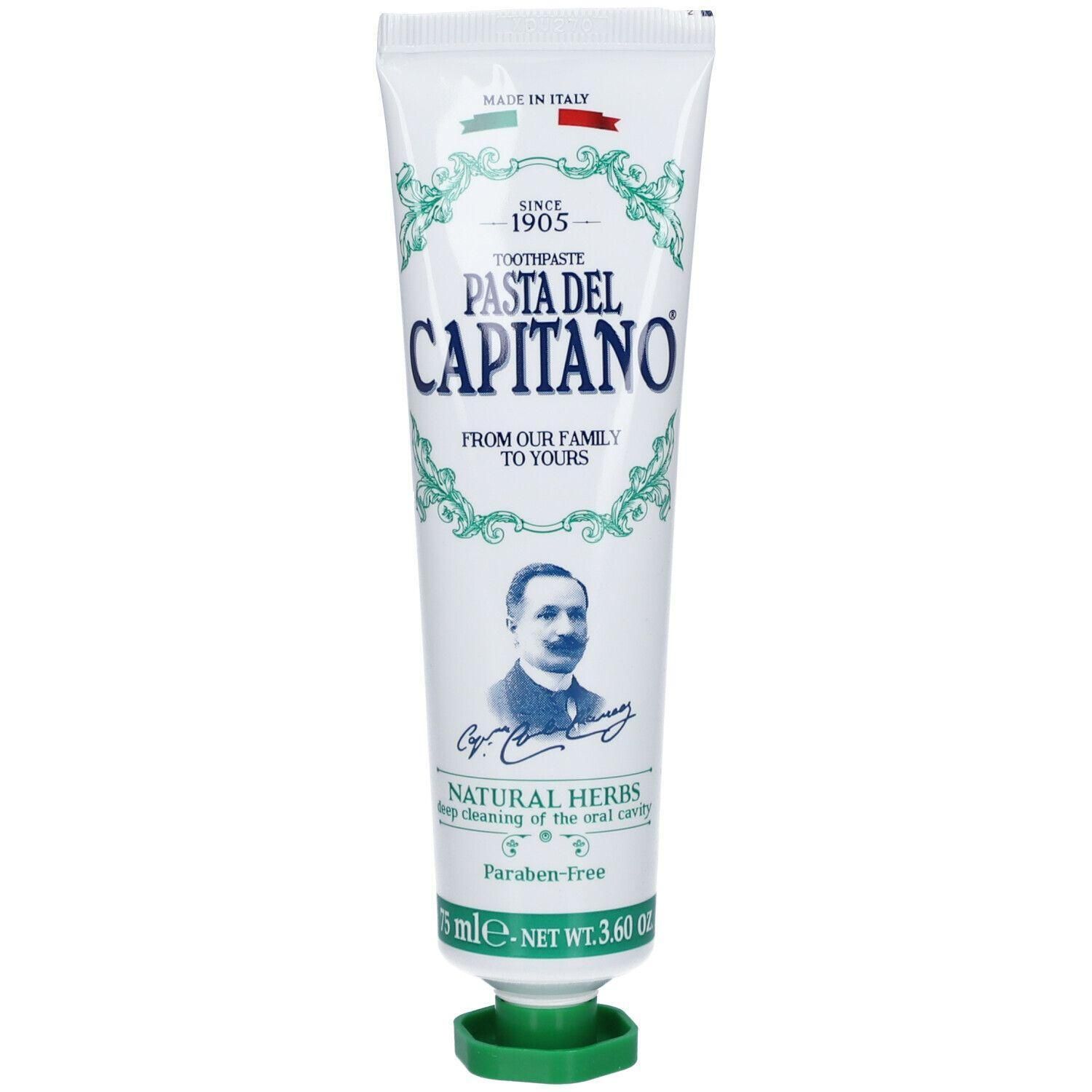 Dentifrice Pasta del Capitano aux herbes naturelles, sans paraben.