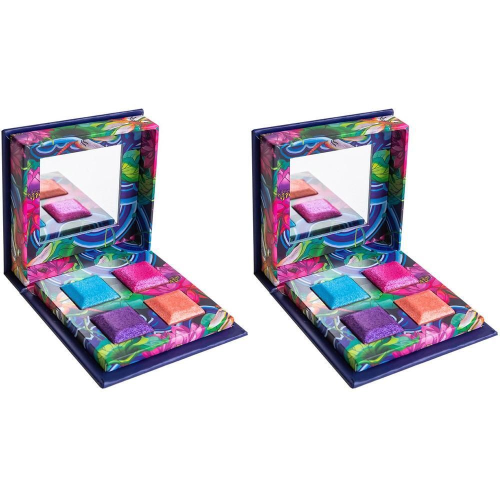 Deux palettes d'ombres à paupières ouvertes, chacune avec six couleurs vives et un miroir.