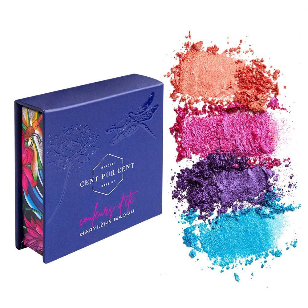 Oogschaduwverpakking naast vier poederkleuren: koraal, roze, paars, turquoise.