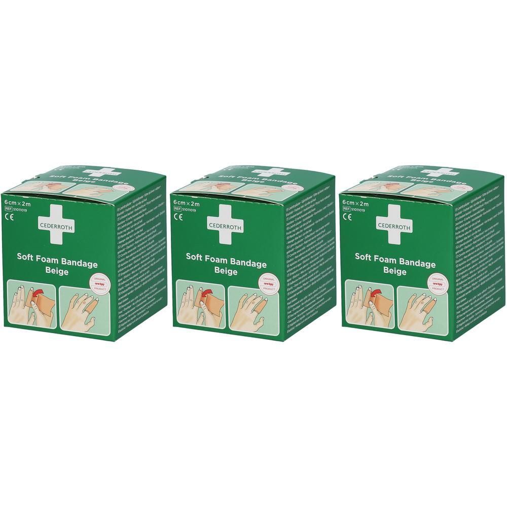 Drie groene dozen Cederroth Soft Foam Bandage Beige, 6 cm x 2 m.