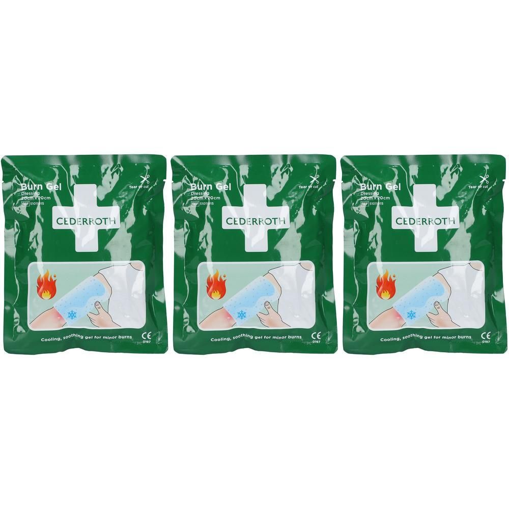 Trois pansements Cederroth Burn Gel dans un emballage vert avec croix blanche et symbole de flamme.
