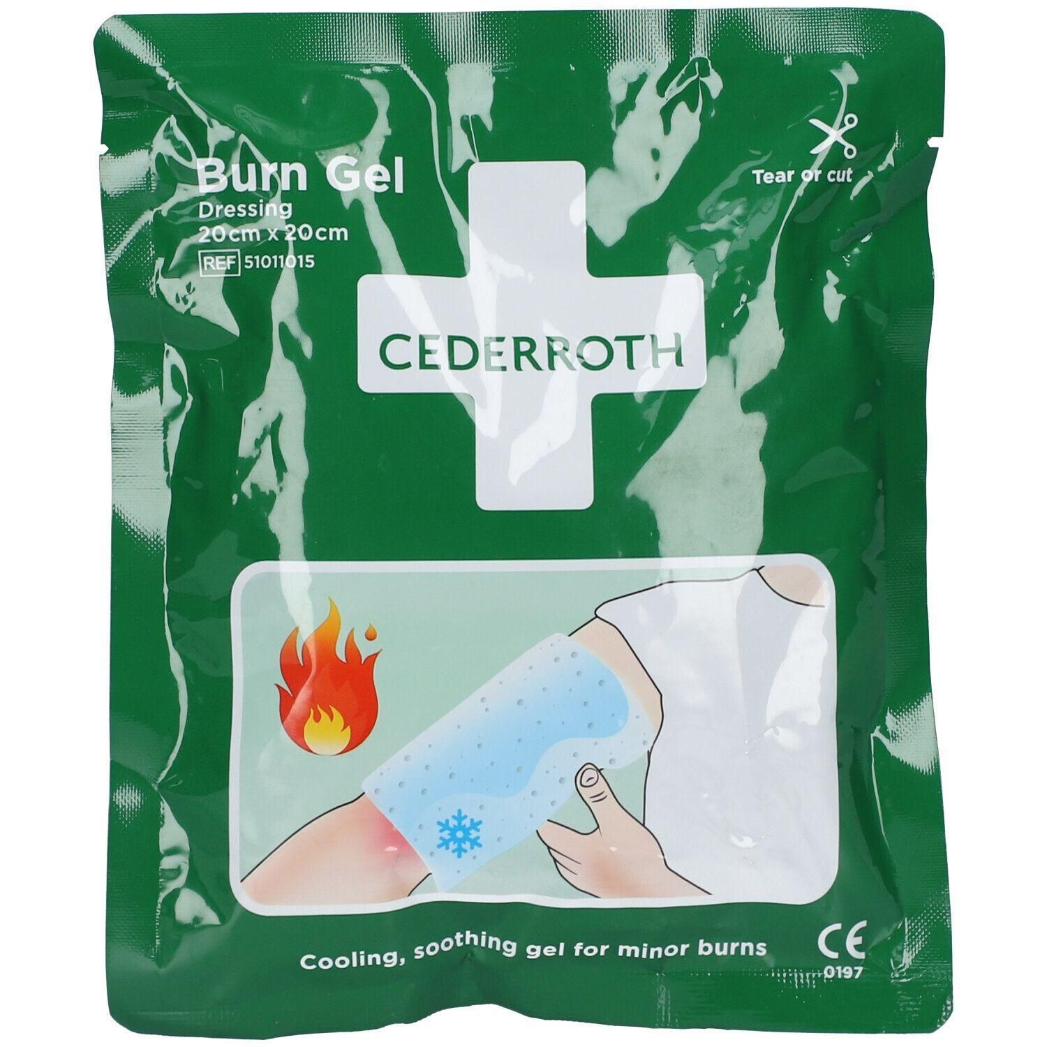 Pansement Cederroth Burn Gel 20x20cm. Emballage vert avec croix blanche et illustration d'un traitement de brûlure.