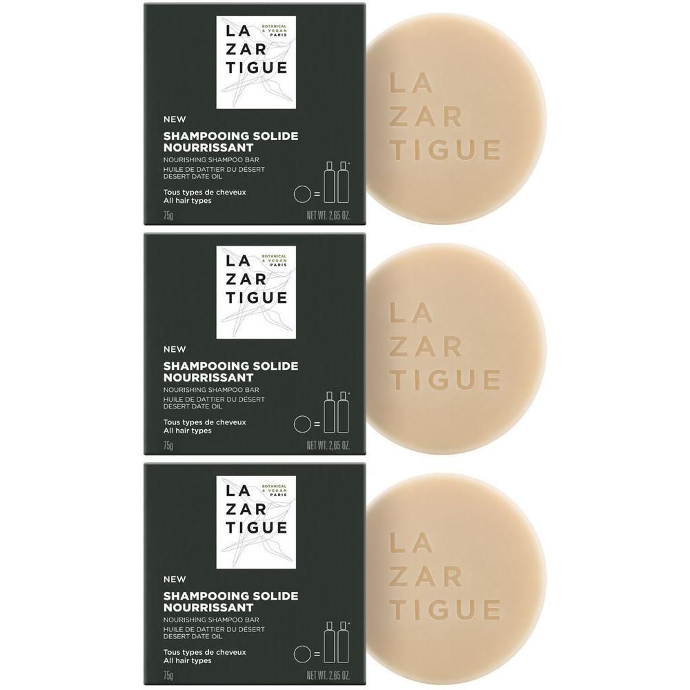 Drie ronde vaste shampoos in beige verpakking met het merk Lazartigue.