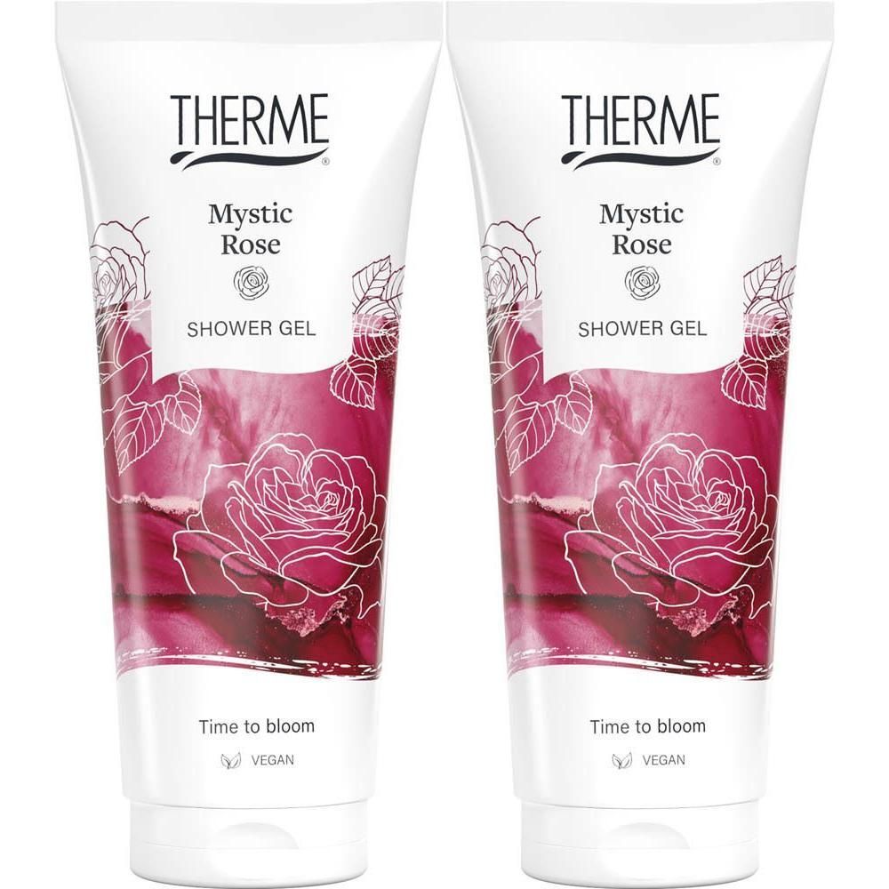 Deux tubes de gel douche THERME Mystic Rose avec motif de rose.