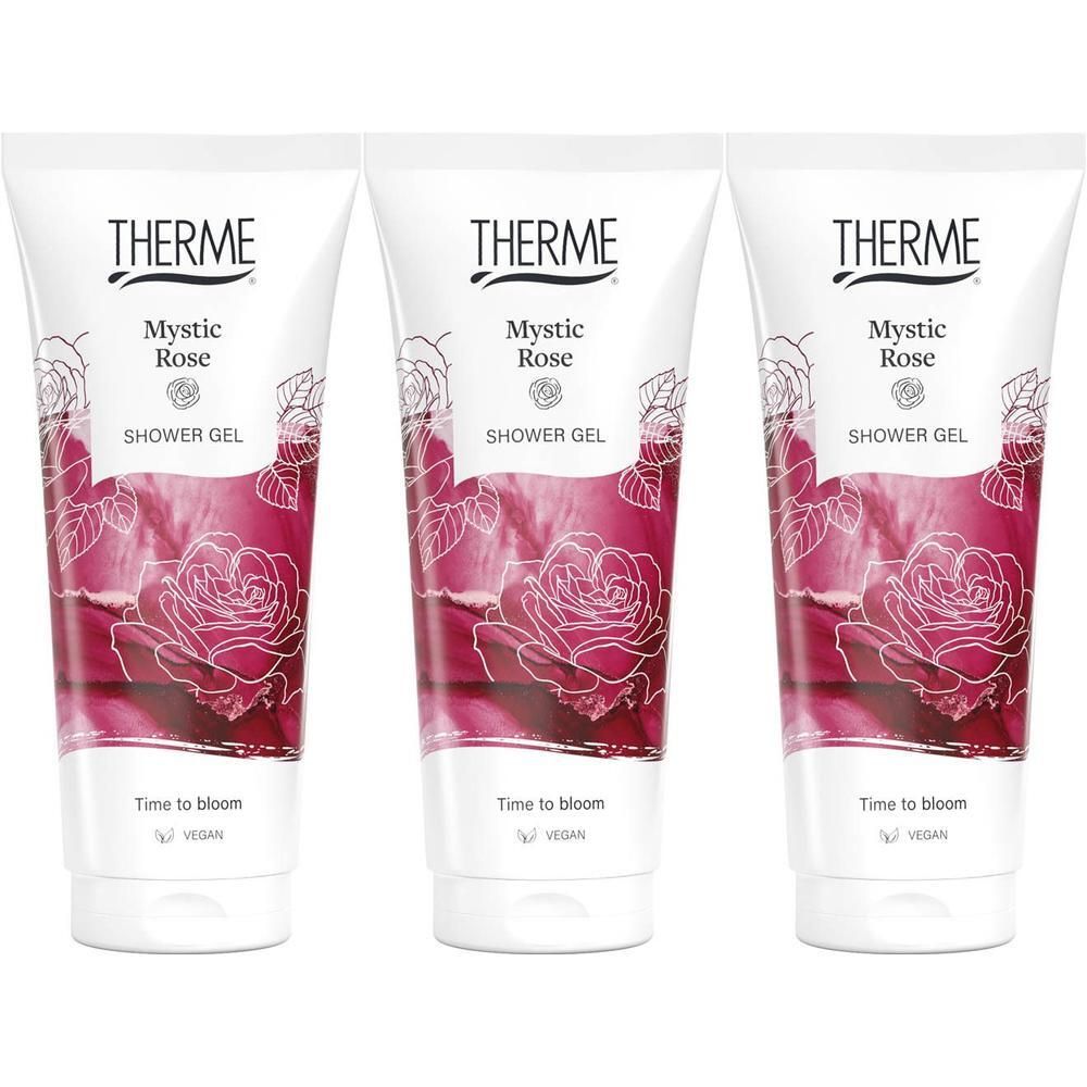 Trois tubes de gel douche THERME Mystic Rose avec motif de rose.