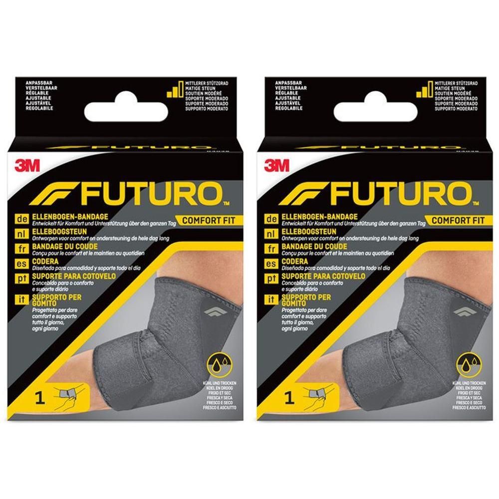 Twee verpakkingen FUTURO Comfort Fit elleboogbandage. Grijs breiwerk met opening voor de elleboog.