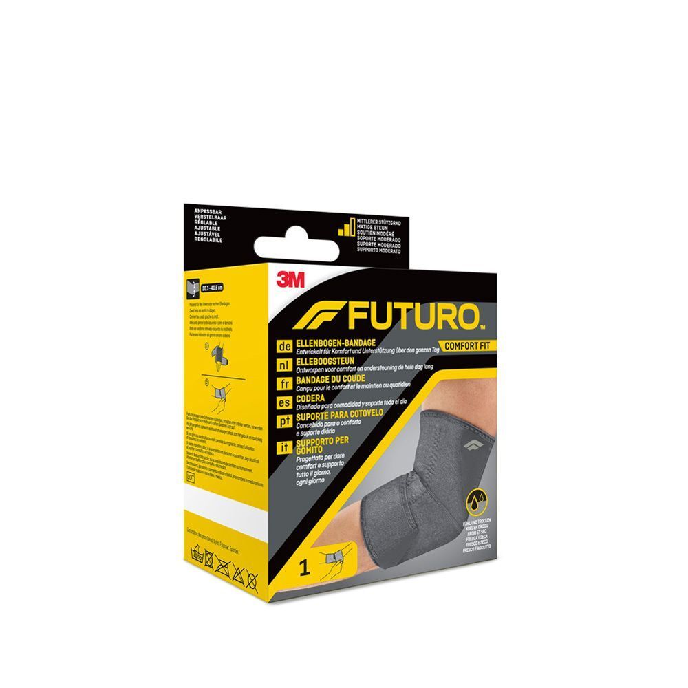 Paquet de bandage de coude FUTURO Comfort Fit. Tricot gris avec découpe pour le coude.