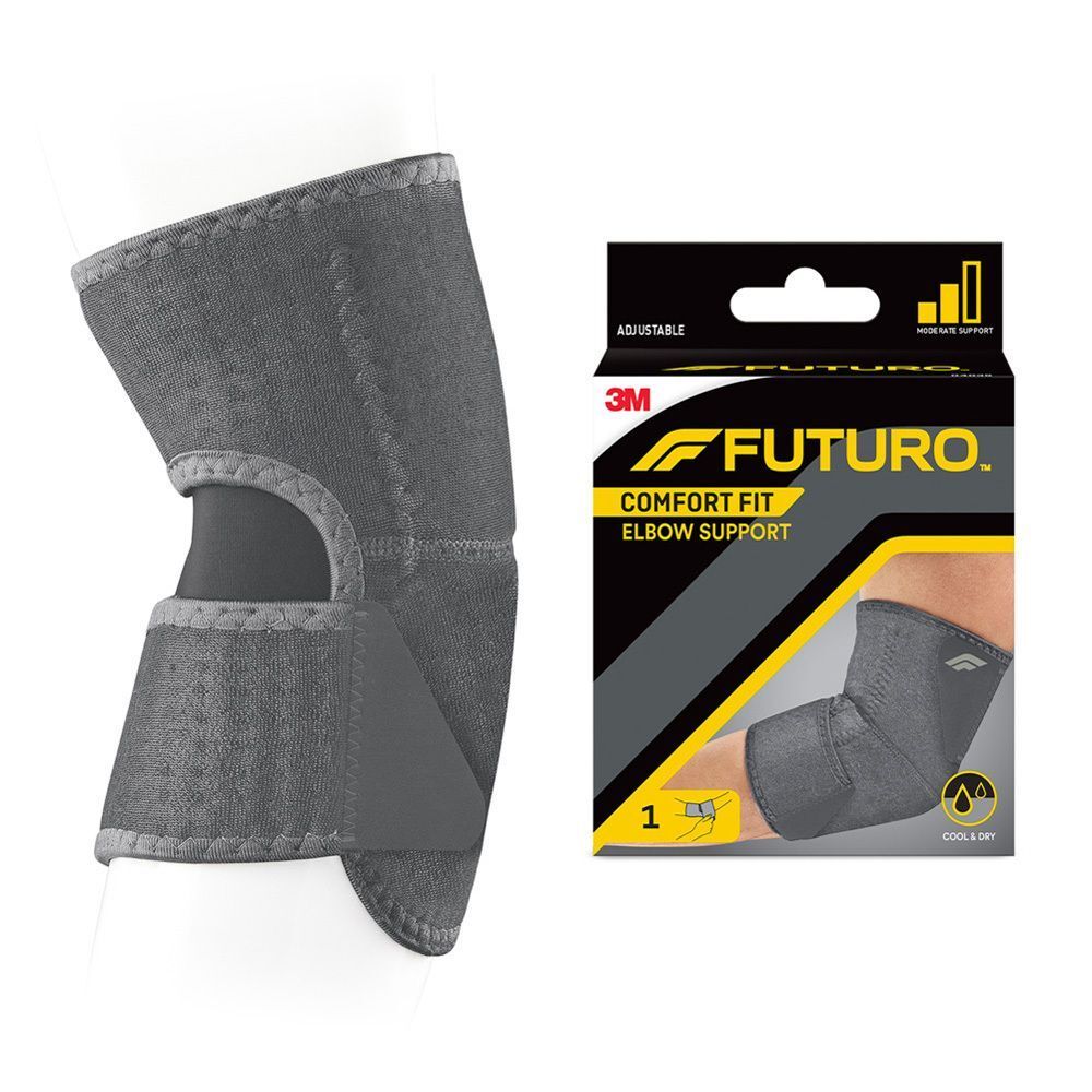 Bandage de coude FUTURO Comfort Fit sur un modèle de plâtre. À côté, l'emballage du produit.