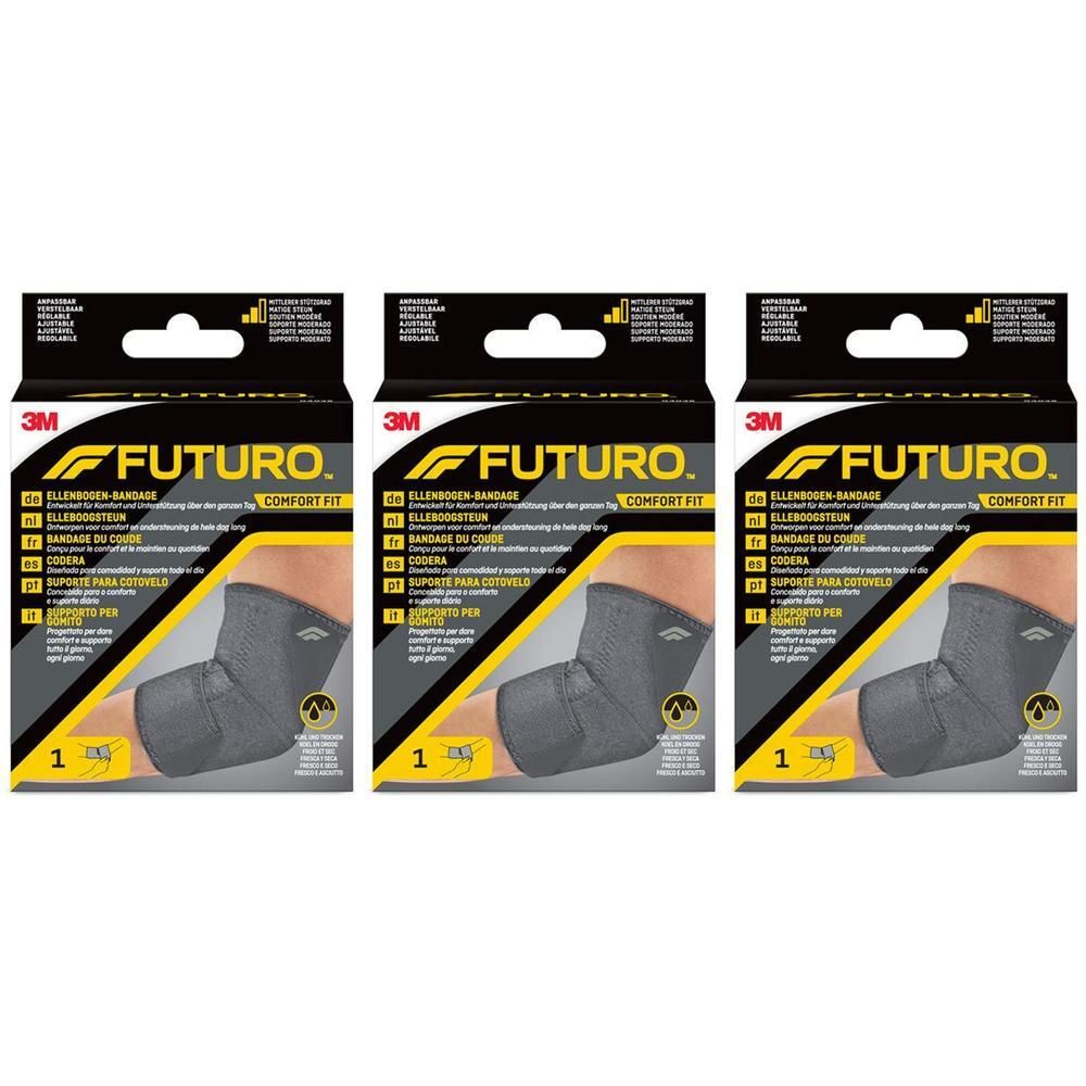 Trois paquets de bandage de coude FUTURO Comfort Fit.