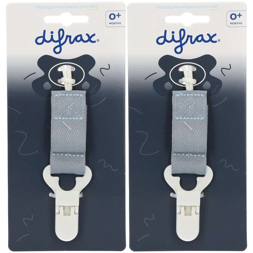 Twee Difrax fopspeenkoorden grijs met witte clip.