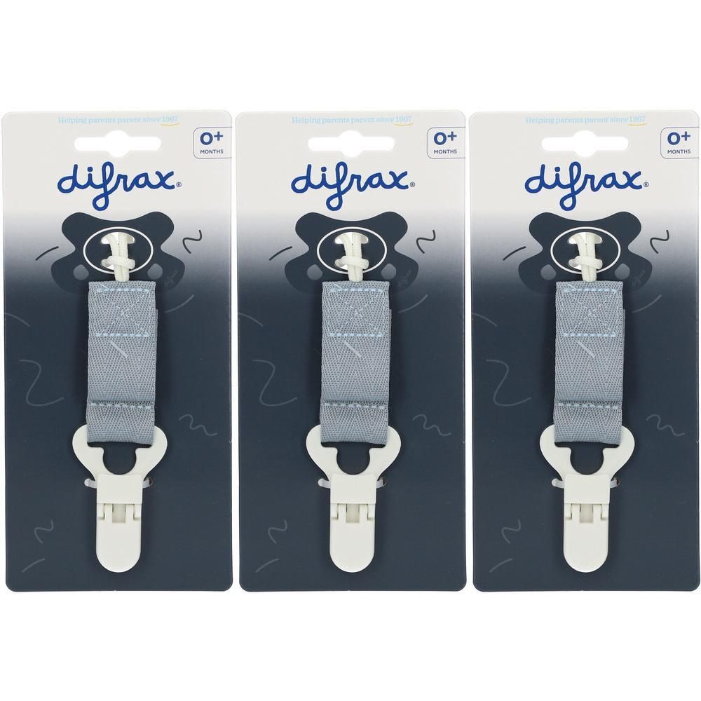 Trois attaches sucette Difrax grises avec clip et ruban blancs.